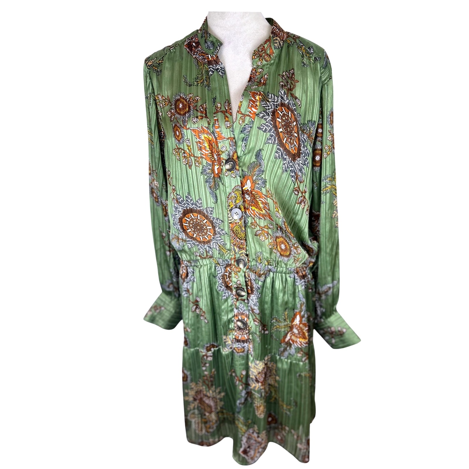 Boston Proper Green Paisley Satin Button Front Tiered Dress Long Sleeve Medium